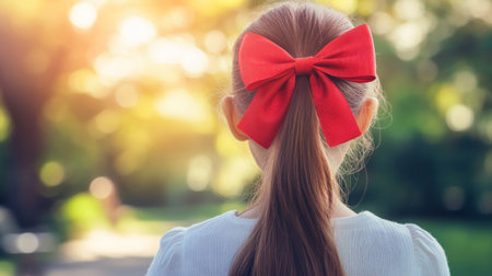 A young girl with a vibrant red bow in her hair stands with her back to the camera, enjoying a peaceful moment in a sunlit garden, surrounded by lush greenery.の素材