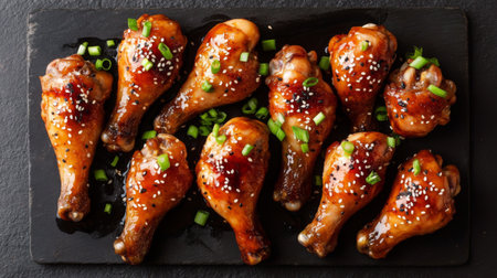 A tempting arrangement of grilled chicken drumsticks garnished with green onions and sesame seeds, perfect for any gathering or meal.の素材