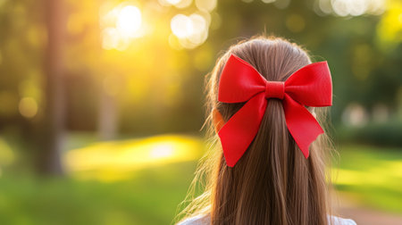 A girl with a vibrant red bow in her hair enjoys a sunny day outdoors, captured from the back in a tranquil park setting, radiating joy and innocence.の素材