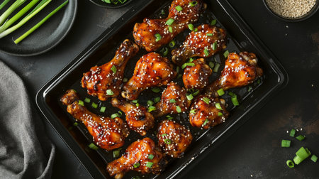 A tempting view of glazed chicken drumsticks garnished with green onions and sesame seeds on a dark surface, perfect for meals or snacks.の素材