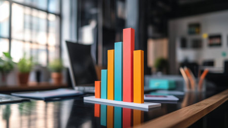 A vibrant bar graph stands on a modern office table, representing business growth and analysis, surrounded by technology and workspace decor, ideal for presentations.の素材