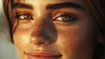 A captivating close-up portrait of a young woman showcasing her freckles and striking green eyes, illuminated by soft sunlight, radiating natural beauty.の素材
