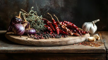 A beautiful display of fresh herbs and spices, including garlic, onions, and chilies, arranged on a rustic wooden table, perfect for culinary inspiration.の素材