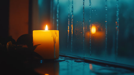 A warm yellow candle glows softly against a rainy window, creating a cozy ambiance. This serene scene captures the essence of tranquility and comfort at night.の素材
