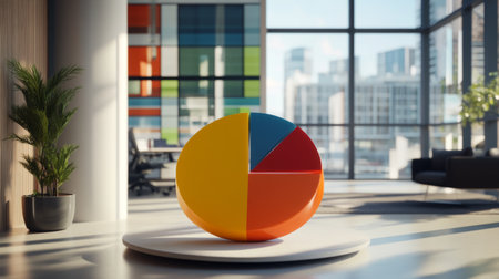A vibrant pie chart in a contemporary office setting, showcasing data visualization. The bright colors represent different segments, symbolizing business analysis and strategy.の素材