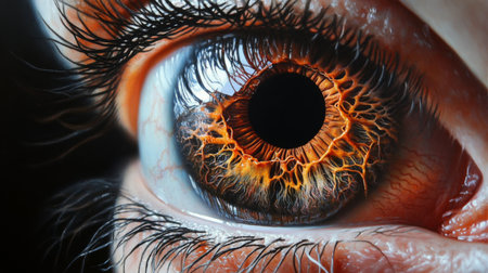 An intricate close-up of a human eye showcasing vivid orange and black patterns. This stunning image highlights the unique beauty and details of the iris.の素材