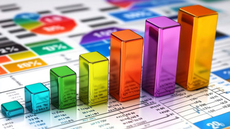Vibrant graph bars representing growth and data analysis on business charts. Ideal for presentations or articles related to finance and analytics.の素材
