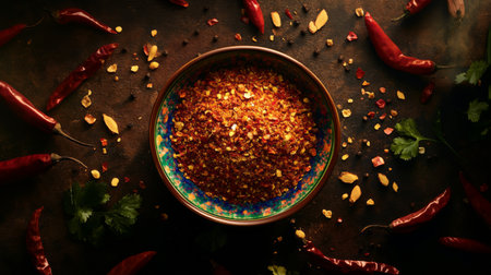 A stunning view of a rustic table adorned with a colorful bowl of spices, surrounded by dried chili peppers and fresh herbs. Perfect for culinary themes.の素材