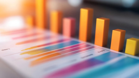 Vibrant bar graphs and charts displayed on a modern desk highlight data analysis in a professional setting, ideal for business and marketing presentations.の素材