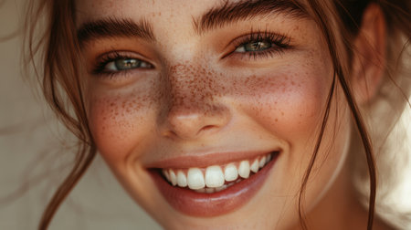 A joyful young woman with freckles and a radiant smile captures a moment of happiness. Her bright eyes and fresh complexion evoke a sense of warmth and charm.の素材