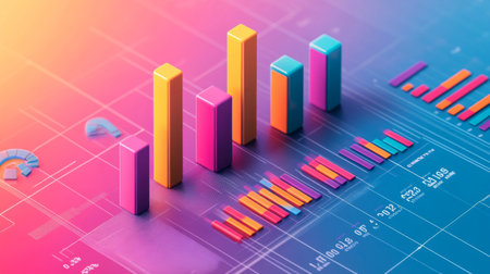Bright and colorful data visualization featuring bars and charts. Perfect for business analysis, marketing reports, or presentations about growth and performance.の素材