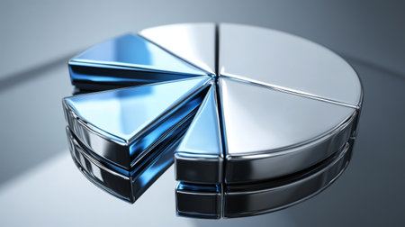 A sleek metallic pie chart with a reflective surface, ideal for illustrating data analytics and business performance concepts in a modern and elegant style.の素材
