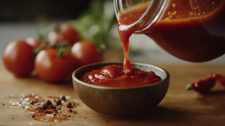 A rich, vibrant tomato sauce pouring from a jar into a bowl, surrounded by fresh tomatoes and spices. This image captures the essence of homemade cooking.の素材