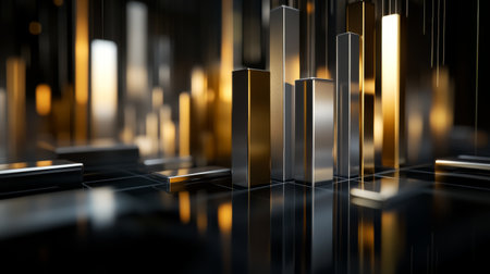 This stunning abstract image features a metallic cityscape with reflective surfaces, showcasing a blend of gold and silver elements in a modern design.の素材