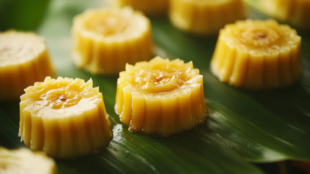 A beautiful display of delicious yellow desserts arranged on green leaves, showcasing vibrant color and tempting textures, perfect for tropical events.の素材
