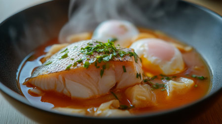 A delectable bowl featuring fresh salmon, poached eggs, and herbs in a steaming savory broth, perfect for a wholesome meal or a gourmet dining experience.の素材