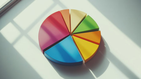 A vibrant pie chart sits on a bright surface, showcasing segments in various colors. The soft shadows add depth, enhancing its modern and creative feel.の素材