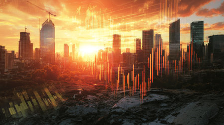 A stunning urban skyline during sunset, overlaid with abstract data visuals, symbolizing growth and innovation in a modern city environment.の素材