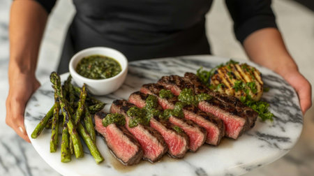 A beautifully presented juicy steak served with asparagus and chimichurri sauce on a marble platter. Ideal for culinary enthusiasts and food photography.の素材