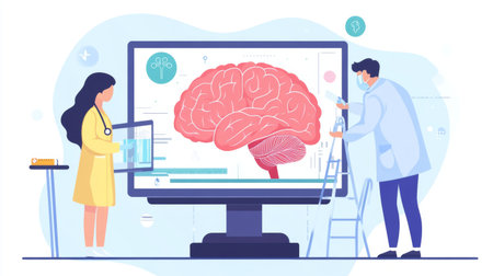 Illustrative scene of medical professionals studying brain anatomy using advanced technology on a large screen, highlighting research and healthcare.の素材