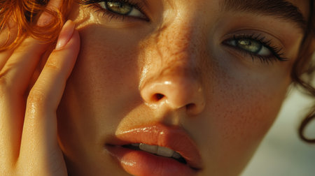 A stunning close-up portrait capturing the beauty of a young woman. Her freckled skin, captivating eyes, and gentle expression evoke a sense of serenity and warmth.の素材