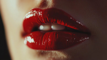 A stunning close-up of glossy red lips, showcasing vibrant color and shine. The image captures the elegance and allure of beauty and makeup styles.の素材