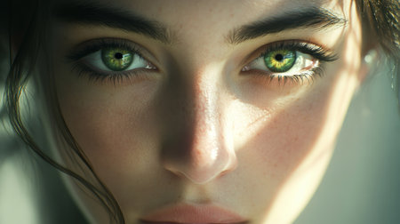 A stunning close-up portrait showcasing captivating green eyes illuminated by natural light, highlighting the beauty and emotion present in the gaze.の素材