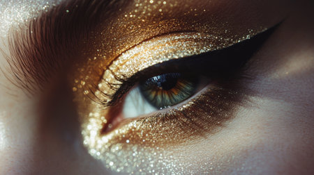A stunning close-up of eye makeup featuring shimmering gold glitter. The artistic application showcases creativity and beauty, perfect for fashion and cosmetics themes.の素材