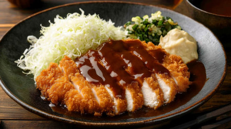 Enjoy a beautifully plated katsu meal featuring crispy breaded pork, fresh salad, and savory sauce. Perfect for food enthusiasts and culinary lovers.の素材