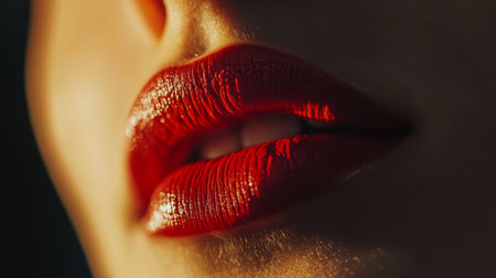 A stunning close-up of radiant red lips, highlighting the glossy texture and vibrant color, perfect for beauty and fashion themes.の素材