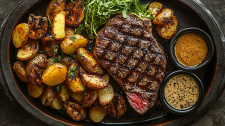 Savory grilled steak served with roasted potatoes and tasty sauces. A delicious meal perfect for dinner or special occasions, highlighting rich flavors.の素材
