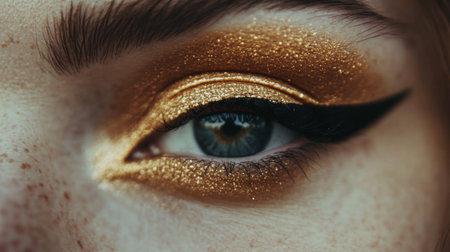 Close-up view of a beautifully crafted eye makeup look featuring stunning gold glitter and dramatic black eyeliner, highlighting artistic beauty.の素材