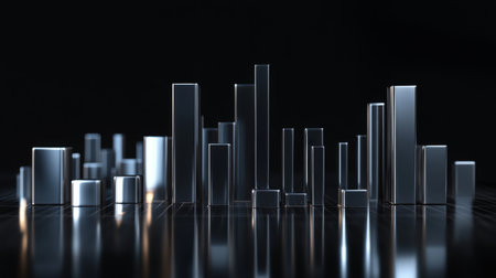 A striking modern abstract metallic bar graph displayed on a dark reflective surface, symbolizing data analysis, technology, and business growth.の素材