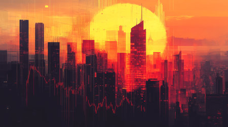 A stunning city skyline at sunset featuring a stock market graph overlay. The vibrant colors and abstract design symbolize finance and urban growth.の素材