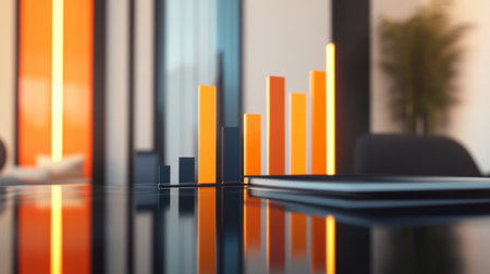 A modern office scene featuring colorful bar graphs on a reflective desk, symbolizing data analysis and business growth alongside a laptop for productivity.の素材
