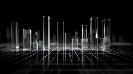 This abstract image features glass structures of varying heights on a dark background. Ideal for concepts in technology, data analysis, and modern design.の素材