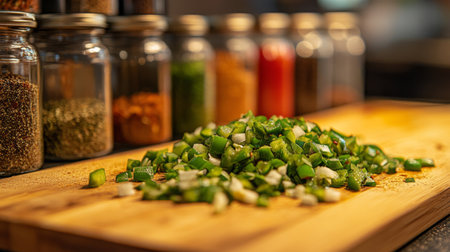 Colorful chopped green peppers on a wooden board with various spices in jars, showcasing a vibrant kitchen setup for cooking and meal preparation.の素材