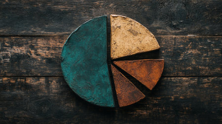 An abstract pie chart featuring earthy tones of teal, brown, and yellow against a rustic wooden background, perfect for illustrating data concepts artistically.の素材