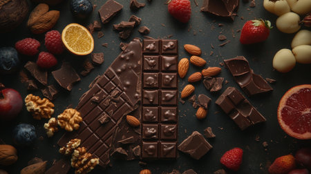 A delightful arrangement of assorted chocolates, fresh fruits, and nuts on a dark surface, perfect for showcasing gourmet treats and indulgent desserts.の素材