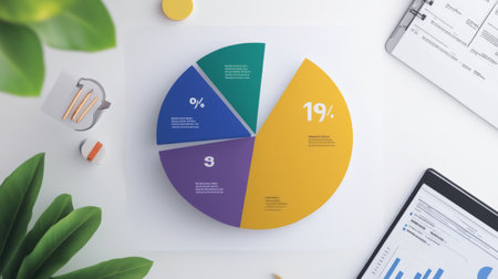 A vibrant pie chart displayed on a clean desk creatively illustrates data analysis. Ideal for projects related to business presentations and statistics.の素材