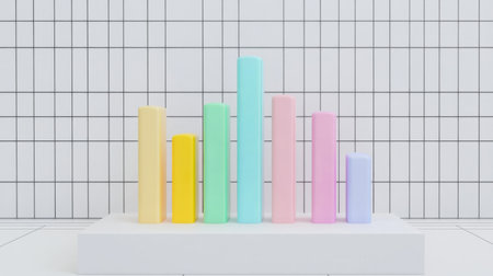 A vibrant bar graph showcasing colorful pastel bars against a minimalist grid background, ideal for data visualization and modern design projects.の素材