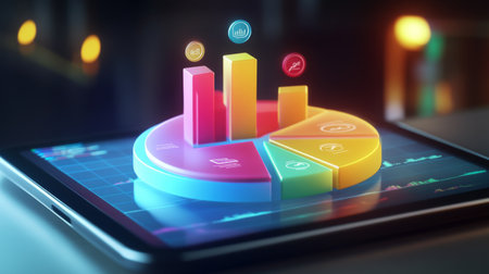 Colorful data visualization displayed on a digital tablet, showcasing various charts and graphs that represent statistics and performance analytics for business insights.の素材