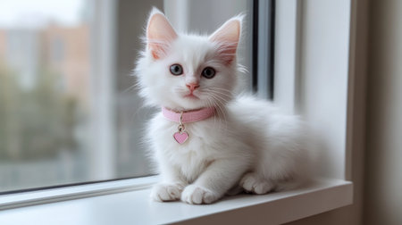 A charming white kitten sits by the window, showcasing its fluffy coat and inquisitive gaze. Perfect for capturing the essence of pet love and companionship.の素材