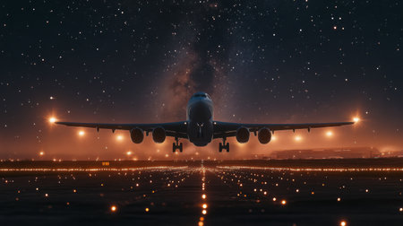 A majestic airplane takes off under a starry night sky, illuminating the runway with bright lights. This stunning scene captures the essence of aviation and travel.の素材