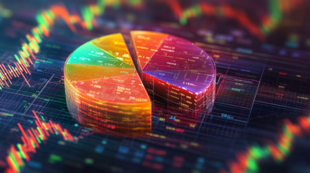 A vibrant pie chart overlaying financial data, showcasing market trends and statistics. Ideal for technology and business presentations.の素材