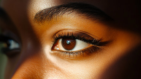 This image captures the exquisite detail of a beautiful brown eye, highlighting natural light and texture. The calm expression and elegance make it perfect for beauty and portrait themes.の素材