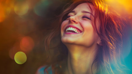 A joyful woman beams with a bright smile, illuminated by a colorful background, exuding happiness and carefree spirit in a serene outdoor setting.の素材