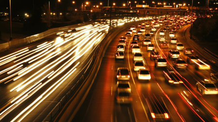 A dynamic scene of nighttime traffic flowing on an urban highway, showcasing the blur of lights from moving cars, illustrating travel and motion.の素材