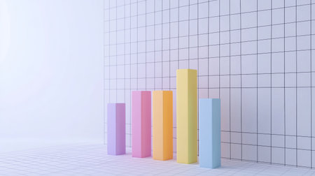 A vibrant pastel bar chart displayed on a grid background, representing data analysis and growth trends. Ideal for business and finance presentations.の素材