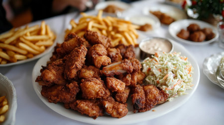 A tempting platter of fried chicken served with crispy fries, refreshing coleslaw, and savory dipping sauce, perfect for any meal occasion.の素材